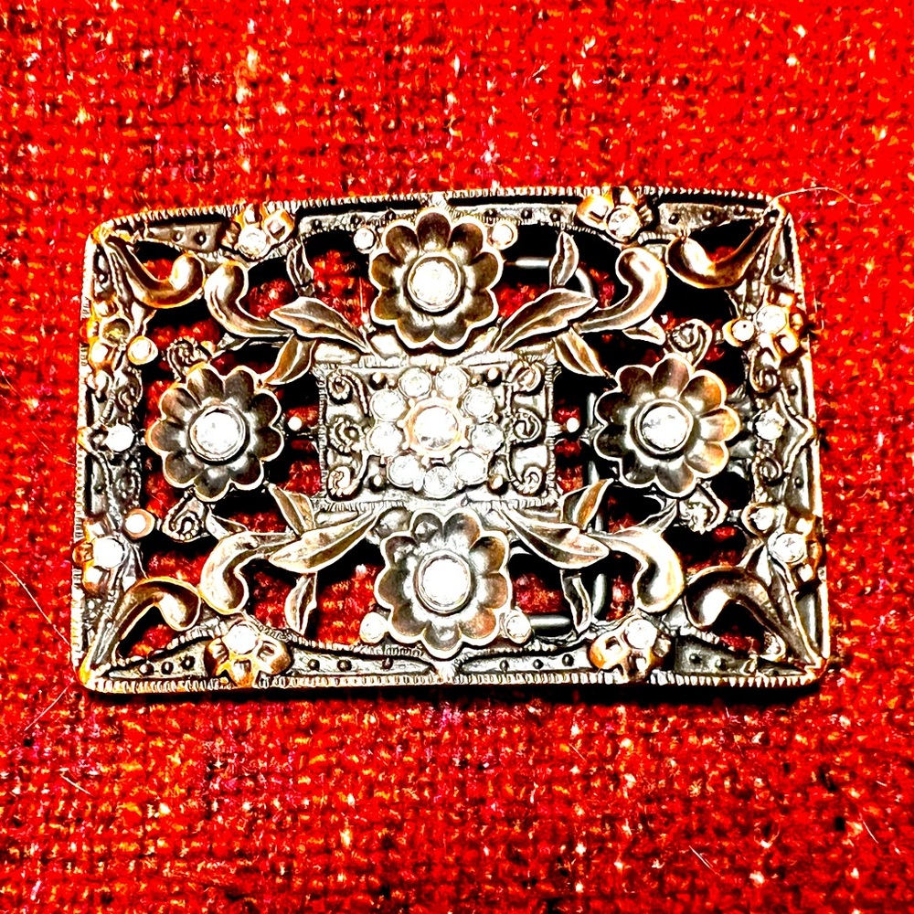 Metal Belt Buckle Womens Flower Rhinestones Gold Tone Western Boho Brass Look
